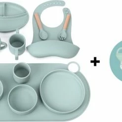 Dijnoo Kinderservies Set - 12 Delig - Groen - Baby Servies Set - Baby Servies - Kinderbord - Kinderbestek - Kinderservies - Fruitspeen - Kinderbord Met Zuignap - Bord Met Zuignap - Drinkbeker