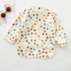 Merkloos Slabbetje Met Mouwen - Slabber LangeSlab Waterproof Met Mouw - Slabber Lange Mouwen - Waterdicht - Wit Met Bolletjes - Maat M - Vanaf 12 Maanden