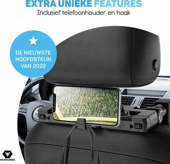 Vulpes Goods® Hoofdsteun Auto - Autokussen - Hoofdsteun Auto Kinderen & Volwassenen - Kledinghanger, Telefoonhouder & Luchtverfrisser Opties - Verstelbaar - Memory Foam - PRO Versie 4 Vulpes Goods® Hoofdsteun Auto - Autokussen - Hoofdsteun Auto Kinderen & Volwassenen - Kledinghanger, Telefoonhouder & Luchtverfrisser Opties - Verstelbaar - Memory Foam - PRO Versie - Afbeelding 4