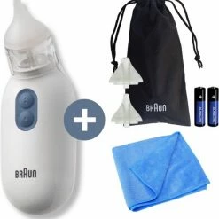 Braun Elektrische Neusreiniger BNA100EU + Reinigingsdoek - Aspirator - Snotzuiger Verkoude Baby - Snoetsenpoetsers - Neuspeer - Baby En Kind Neusreiniger - 2 Herbruikbare Opzetstukken - 2 Zuigstanden - Vaatwasserbestendig - Stressvrije Oplossing