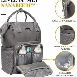 NanaBeebi Luiertas - Rugzak - Met Isoleervak - Grijs - Inclusief Flessenwarmhouder En Kinderwagenhaken -Baby's Only 550x579 1