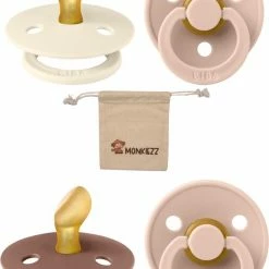 BIBS/Monkiezz Blisters Bibs Fopspenen Anatomical 0-6 Maanden| Set 4 Stuks| Woodchuck, Blush, Ivory, Blush| + Monkiezz Speenzakje| Orthodontisch| Anatomisch| Maat 1