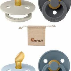 BIBS/Monkiezz Blisters Bibs Fopspenen Anatomical 0-6 Maanden| Set 4 Stuks| Sand, Iron, Baby Blue, Petrol| + Monkiezz Speenzakje| Orthodontisch| Anatomisch| Maat 1